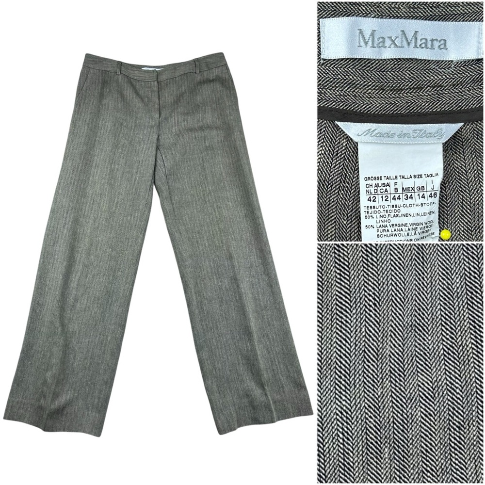 MaxMara Womens Herringbone Wool Linen Blent Straight Leg Pants Sz 12 QuietLuxury